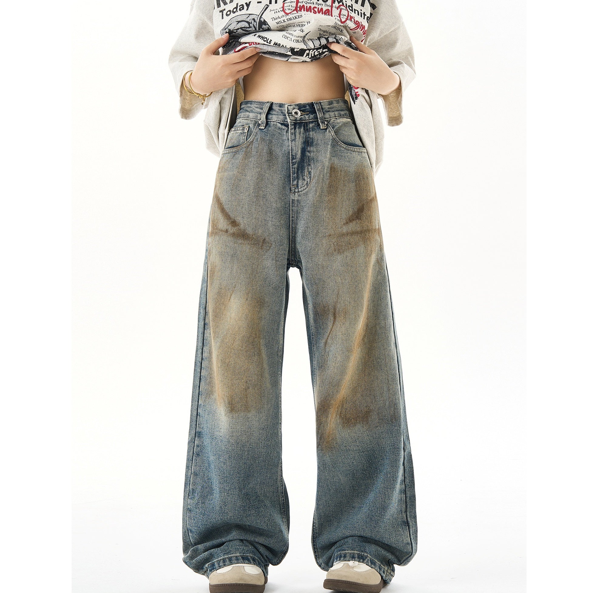 Washed Stained Straight Wide-Leg Jeans HG7082