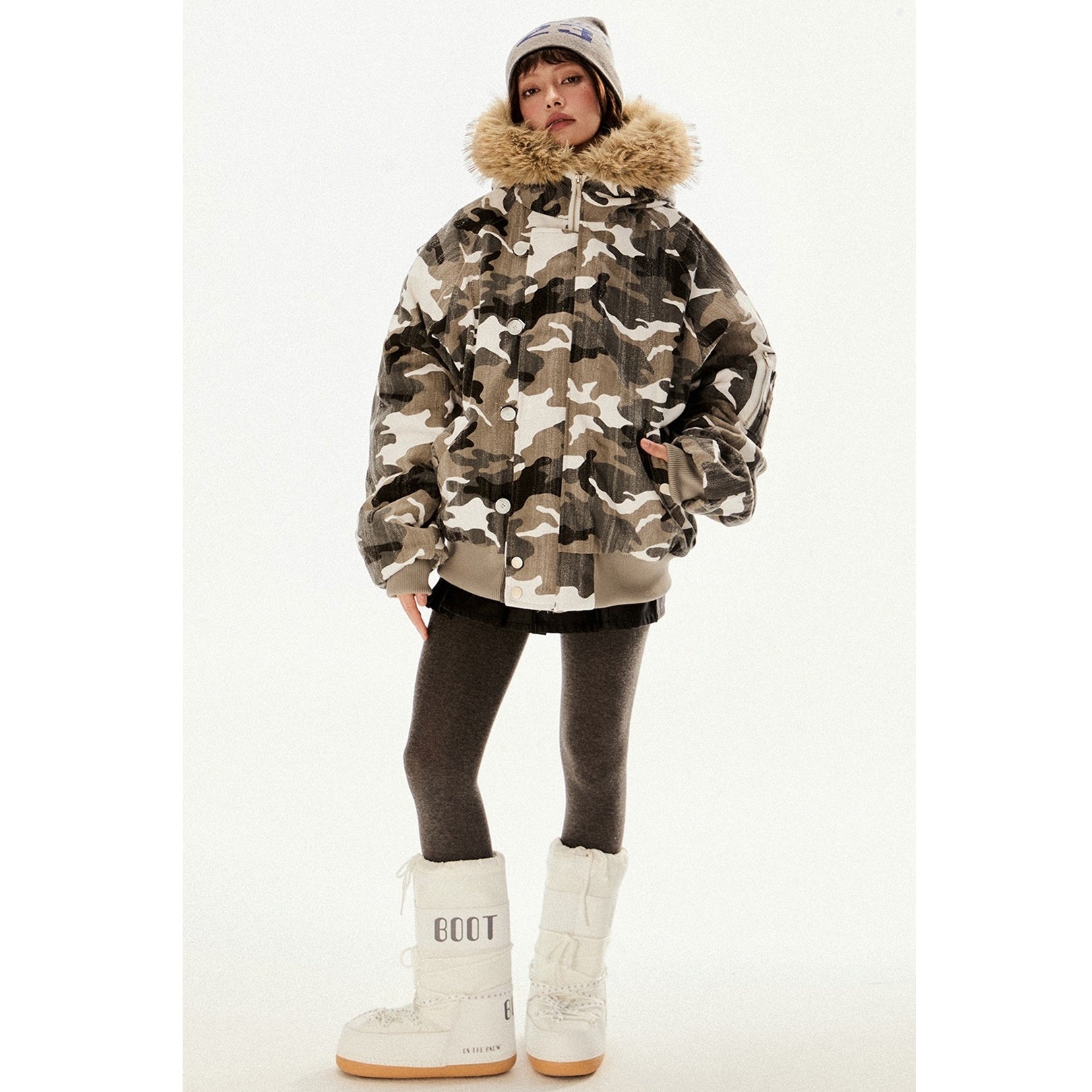 Fur Collar Hooded Camouflage Zipper Jacket EZ194