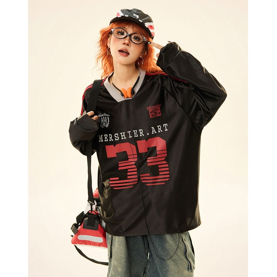 V-neck Sports Style Jersey Long-sleeved T-shirt MW9285