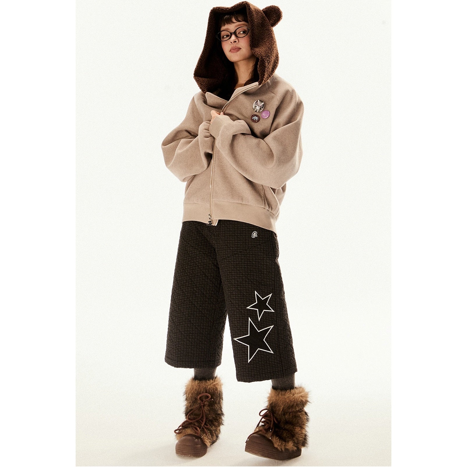 Raglan Sleeve Bear Design Hooded Zipper Jacket EZ196