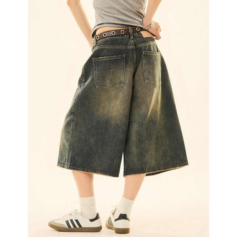 Vintage Wash Distressed Denim Wide-leg Cropped Pants MW9267