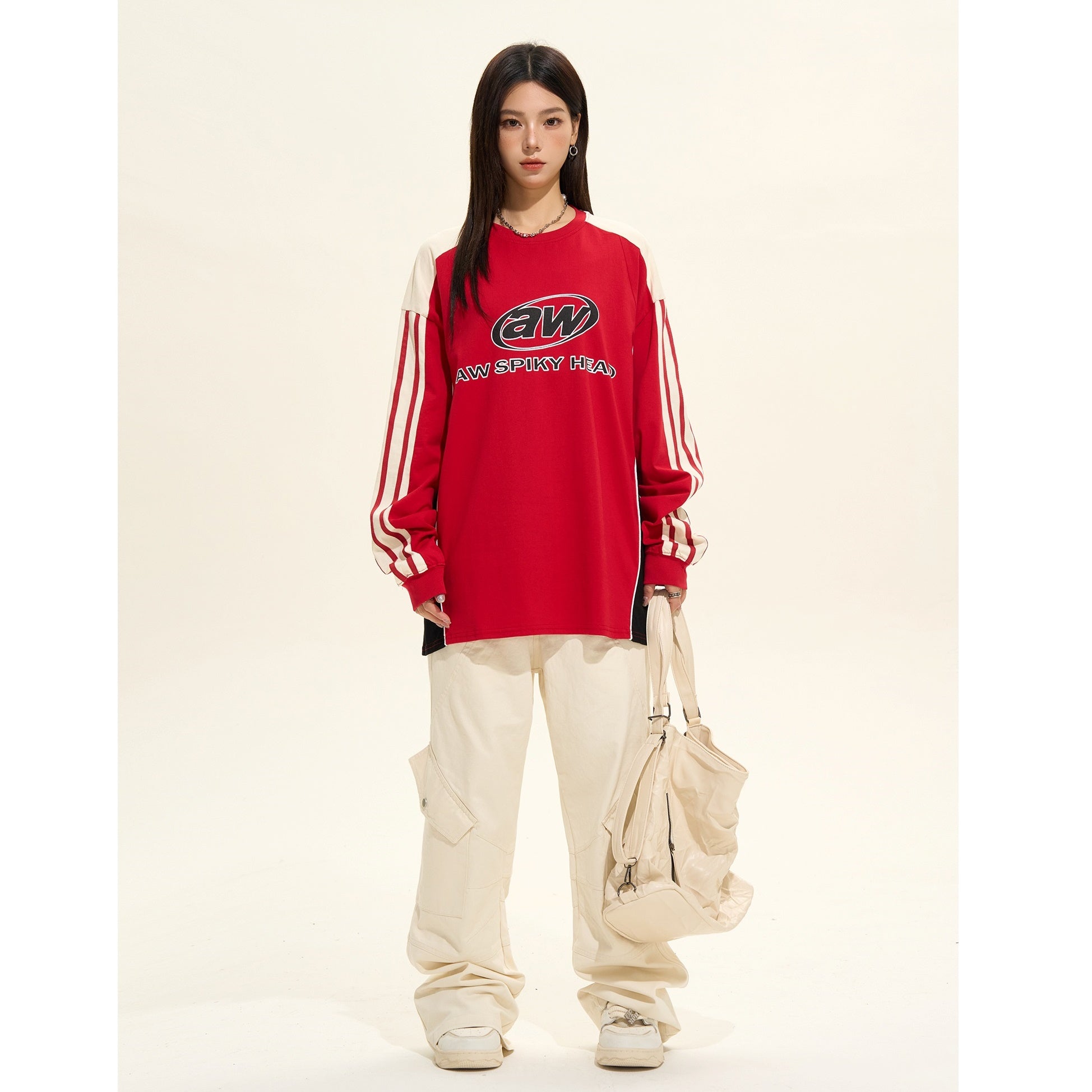 Sporty Contrasting Three-bar Long Sleeve Pullover MW9402