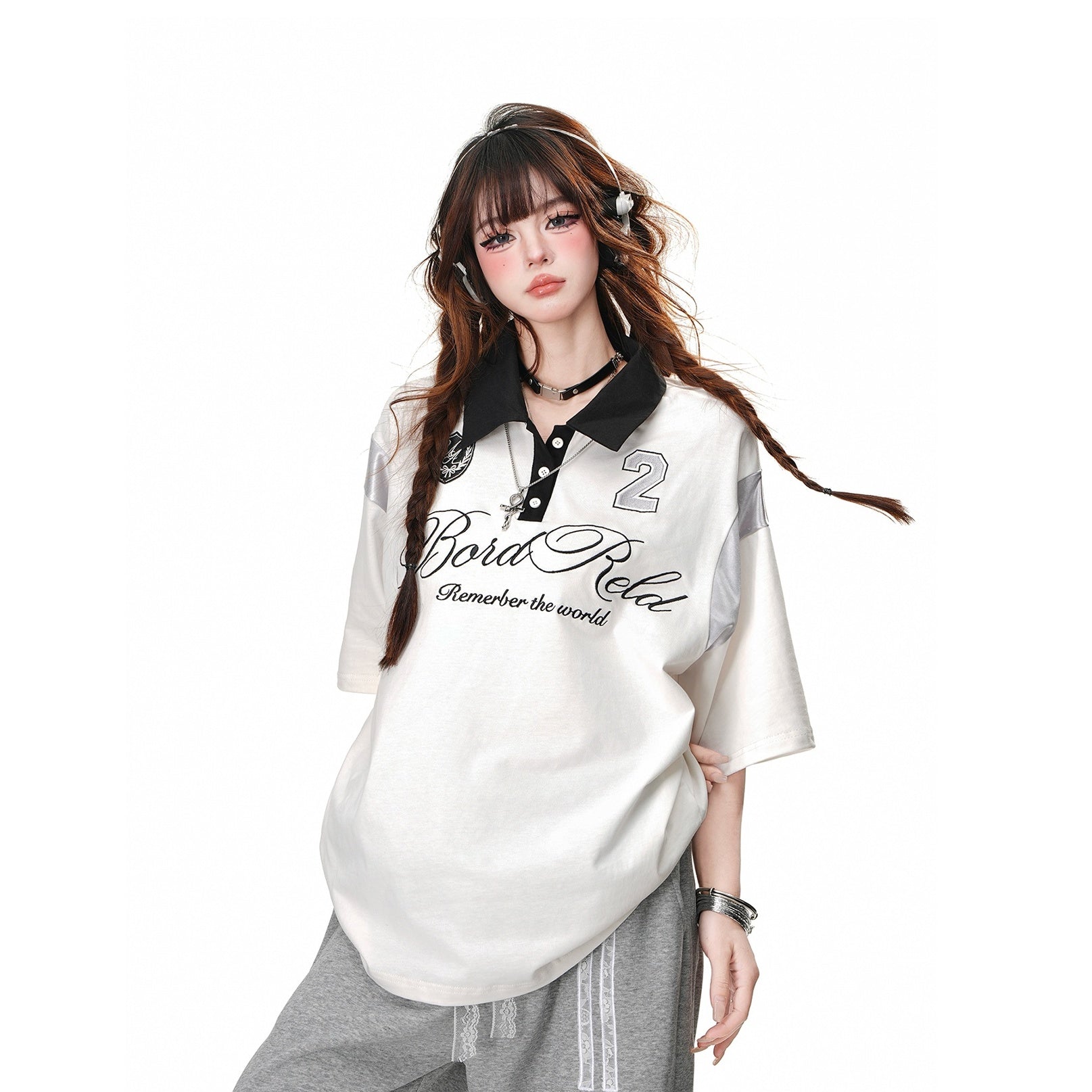 Bicolor Polo Collar Loose T-shirt KK2050