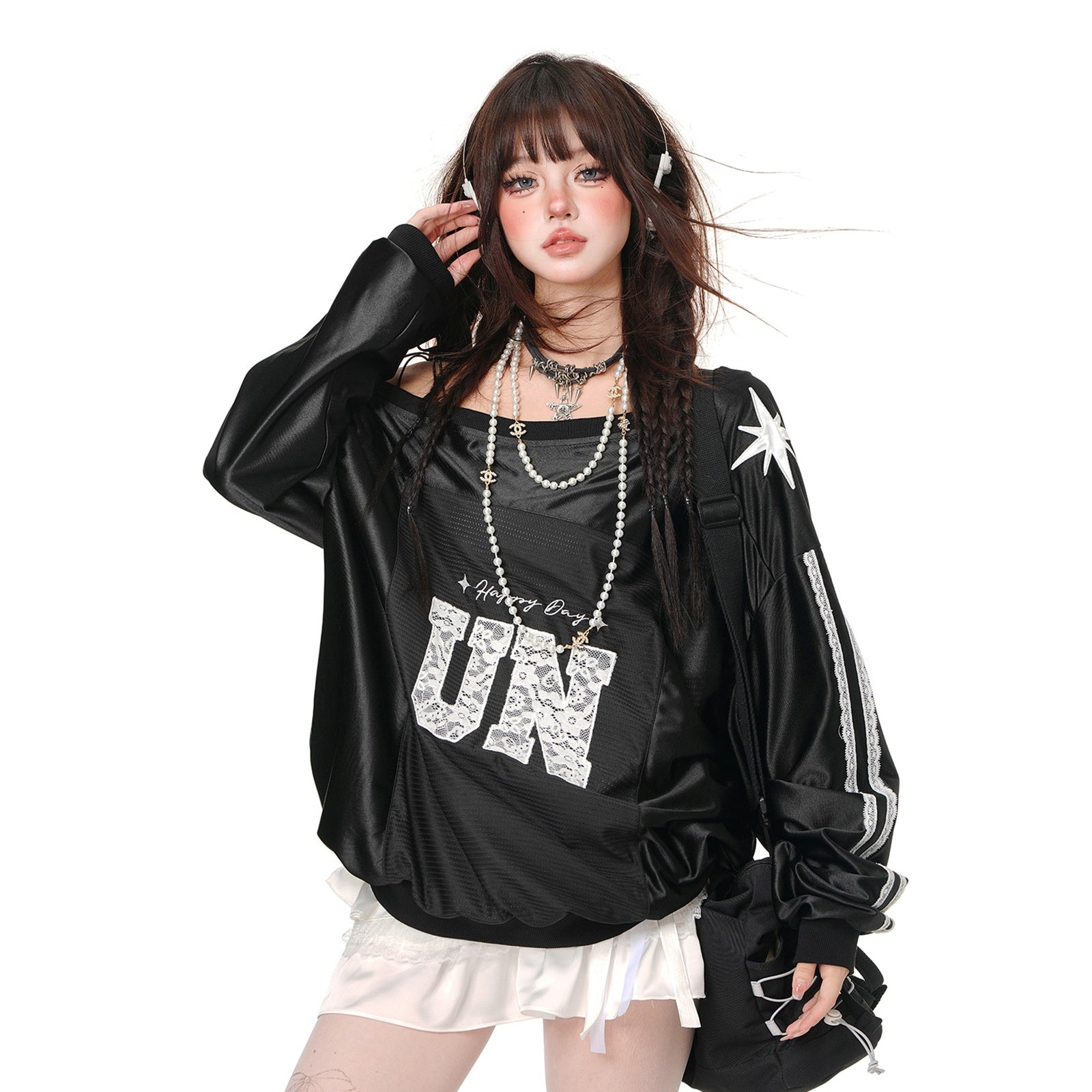 Lace Slanted Shoulder Baseball Style Pullover KK2002