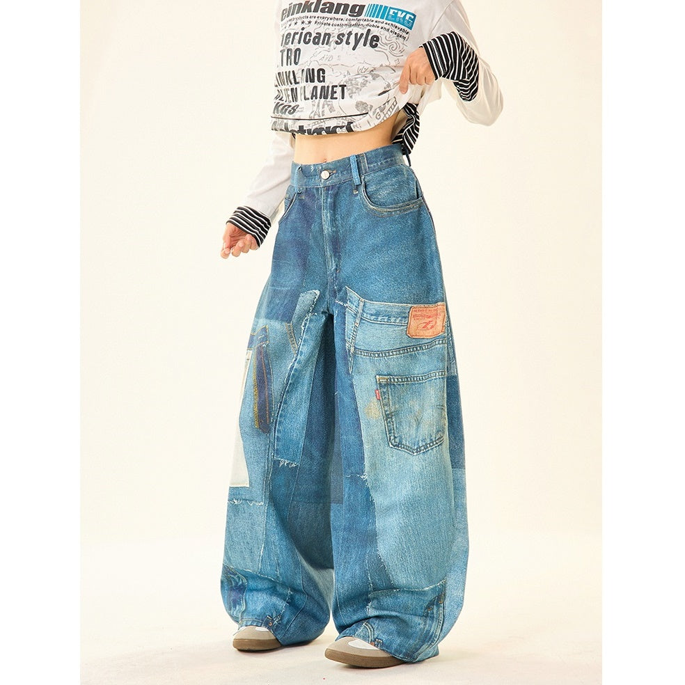 Patch Stitched Print Loose Straight Jeans MW9529