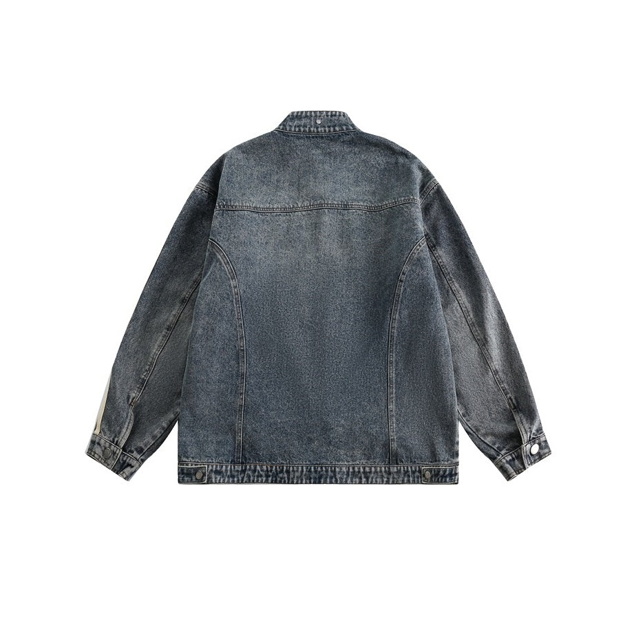 Stand Collar Vintage Wash Biker Denim Jacket SP7004