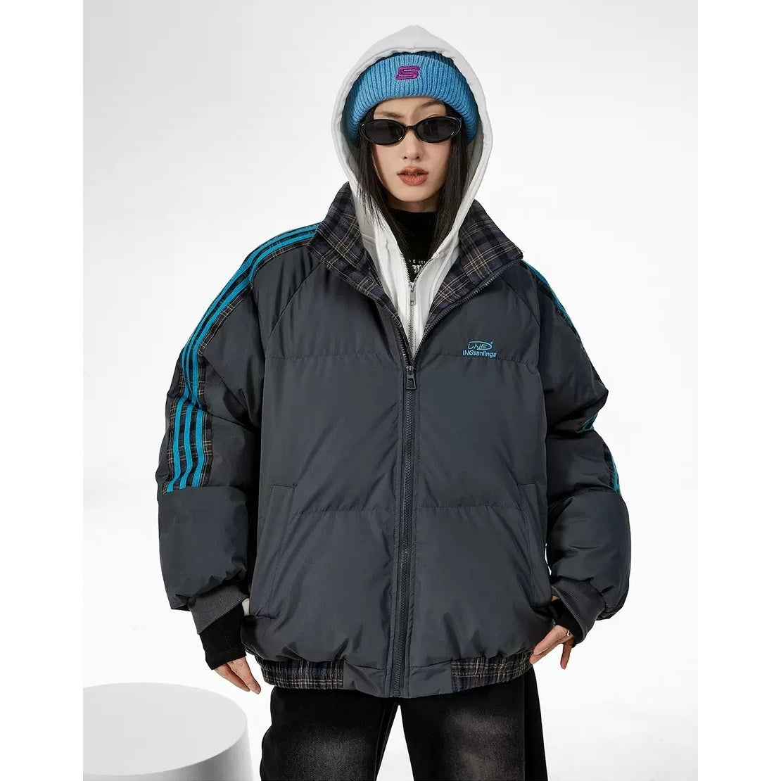 Contrast Check Striped Stand Collar Padded Jacket IC9003