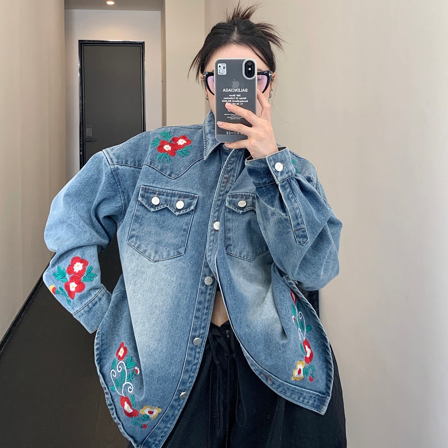 Flower Embroidered Denim Shirt Jacket MW9850