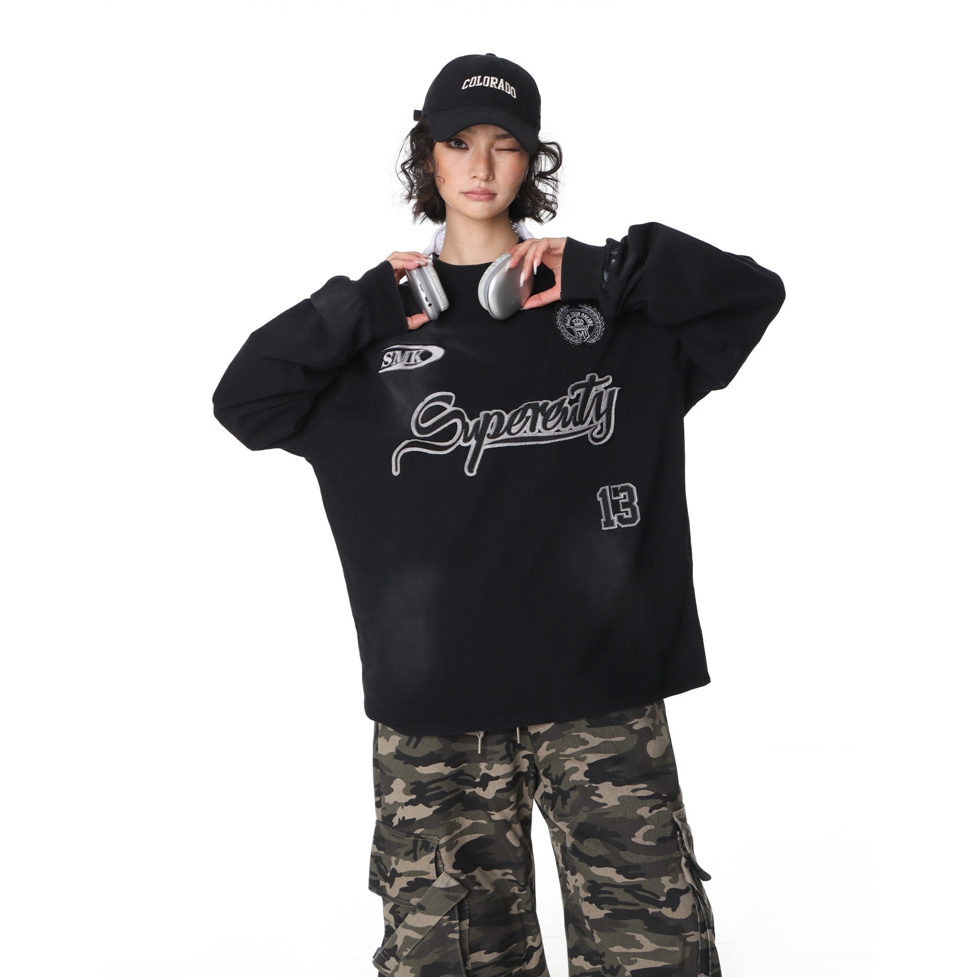 Street Distressed Wash Letter Embroidery Long Sleeve T-Shirt MW9399