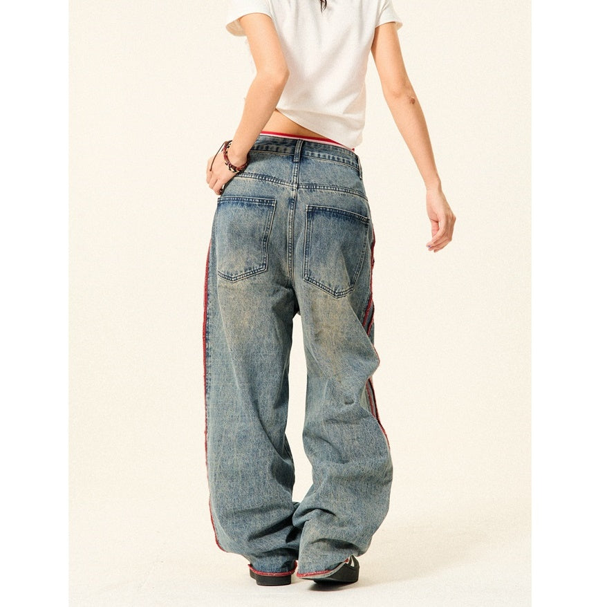 Side Parallel Bar Stitching Loose Straight Jeans YS7005