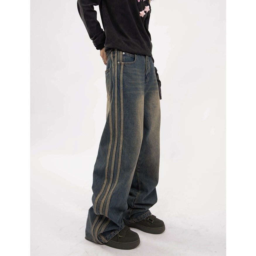 Retro Old Washed Side Line Loose Straight Jeans YS7006