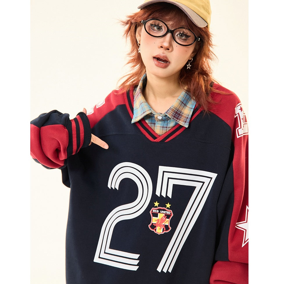 Letter Contrast V-neck Sports Sweat MW9425