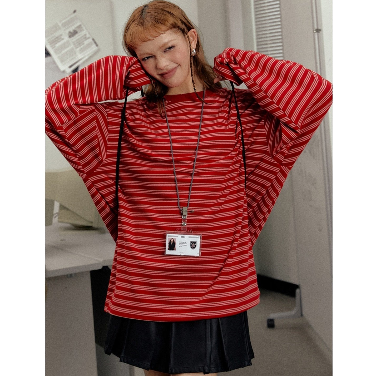 Drop Shoulder Loose Long Sleeve Border T-Shirt EZ159