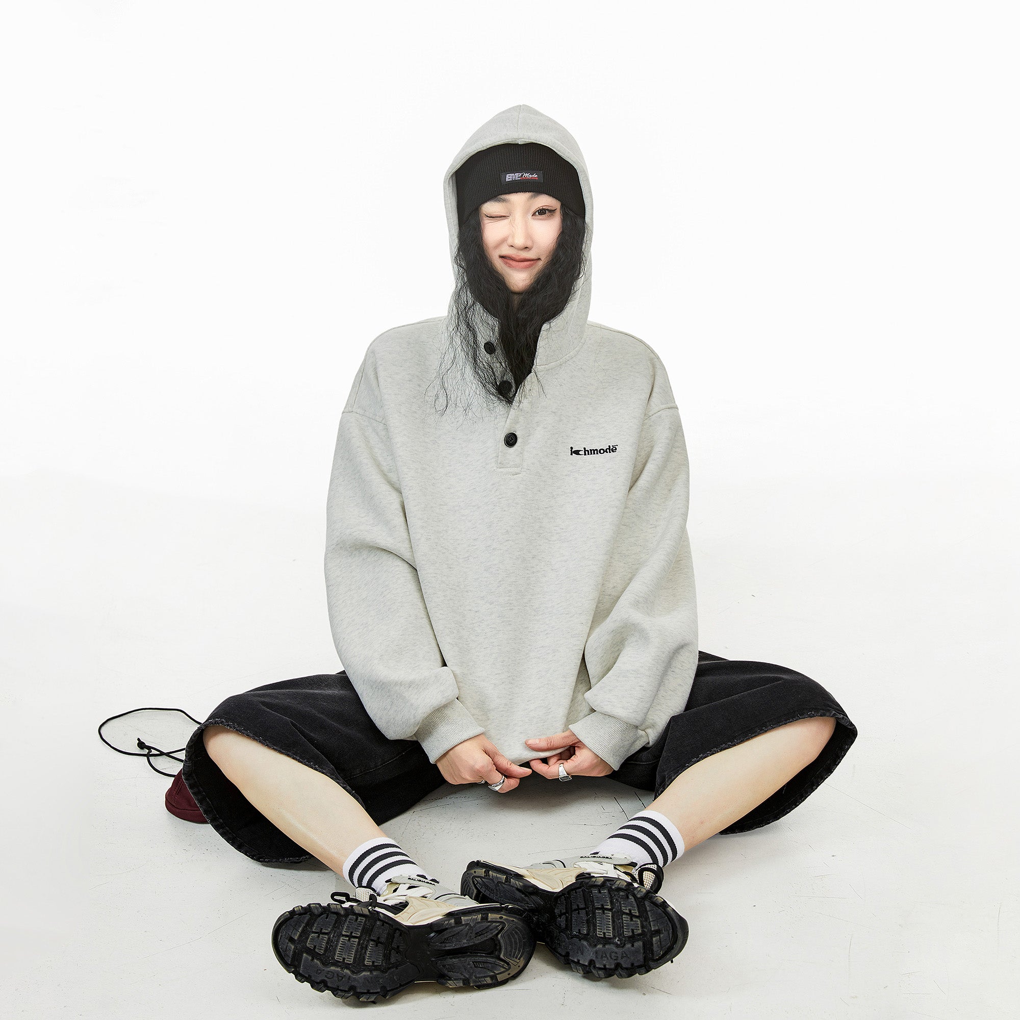 Half-Button Hooded Sweat Pullover IC9010