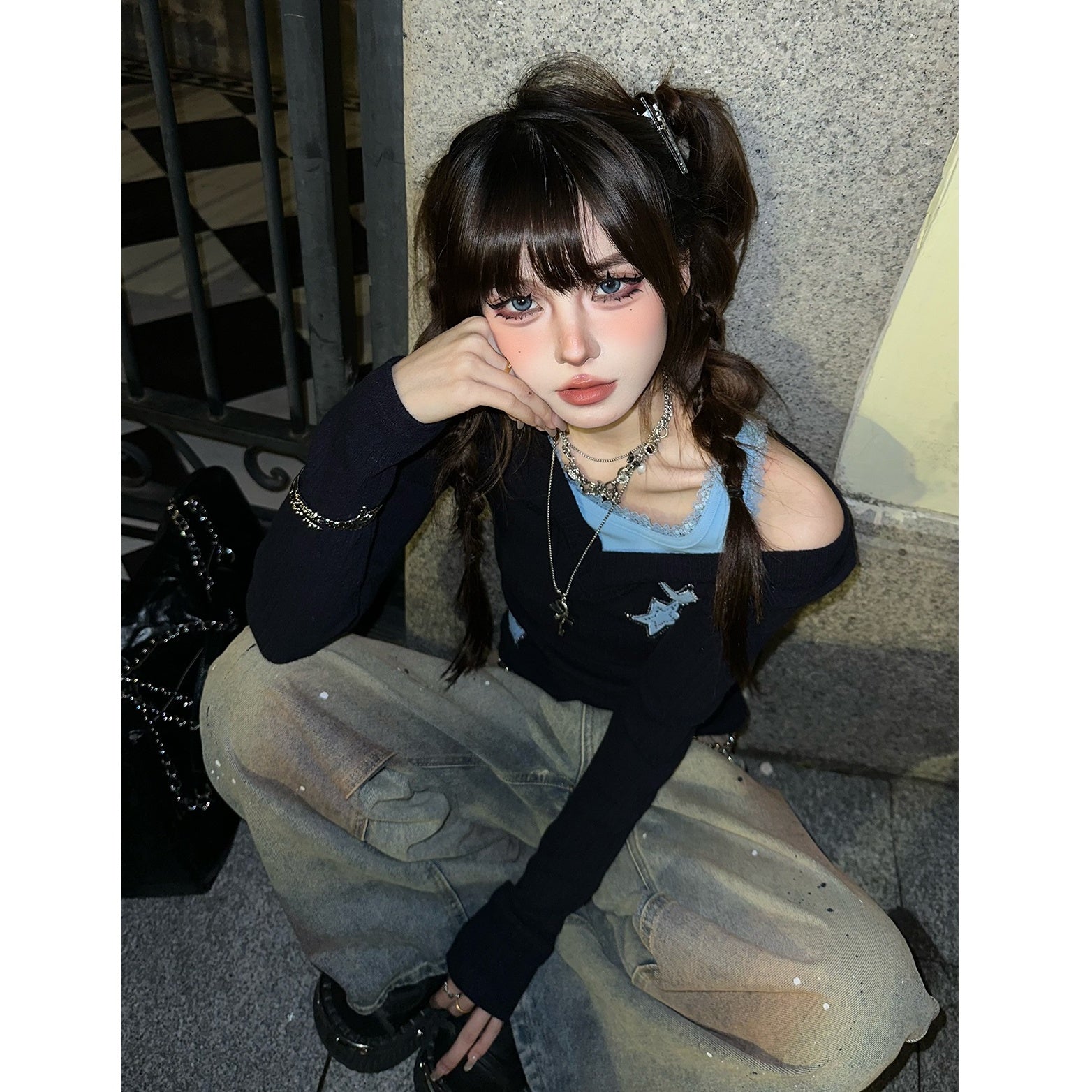 Fake Two Knitted Off-shoulder Cutsew KK2051