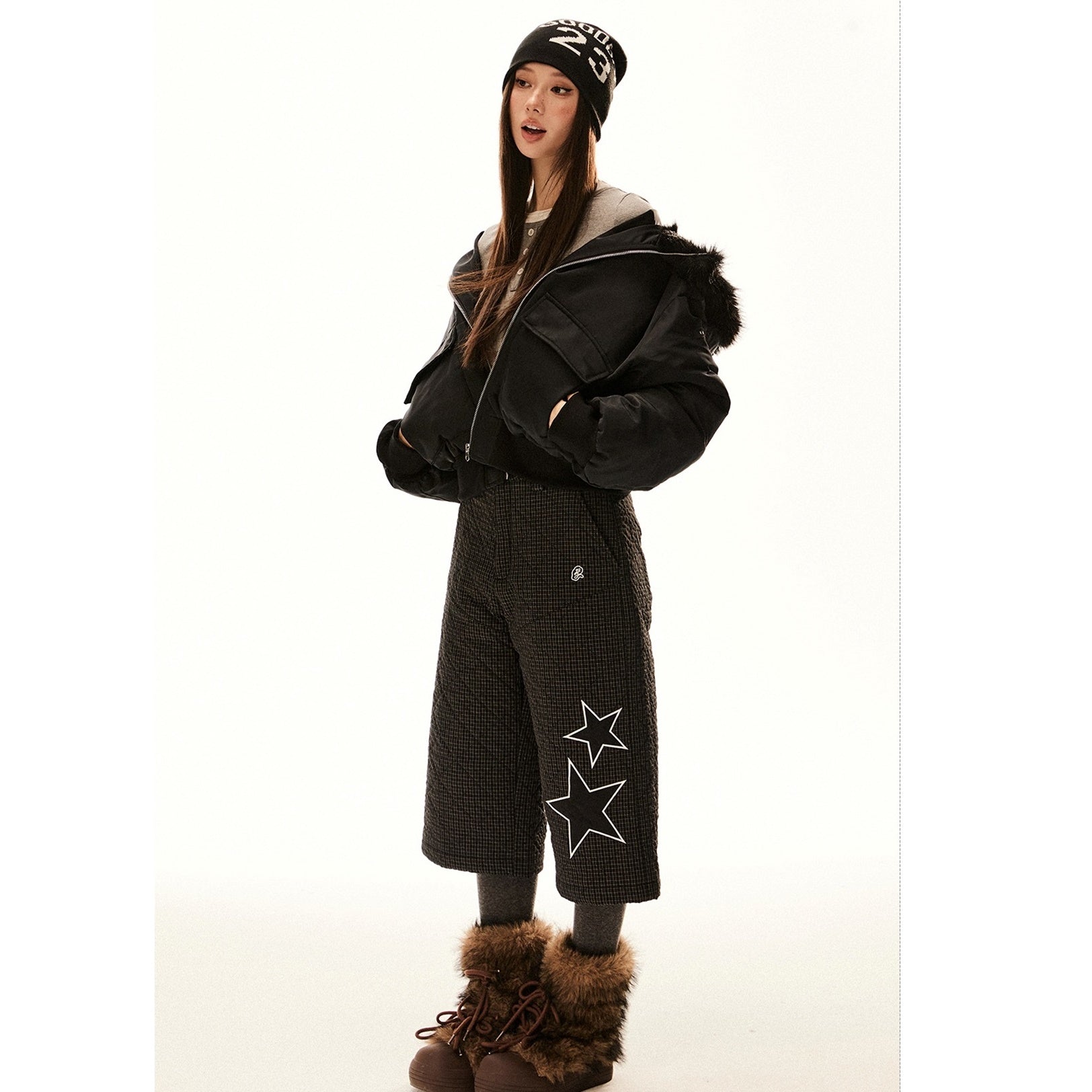 Fur Collar Hooded Cropped Down Jacket EZ206