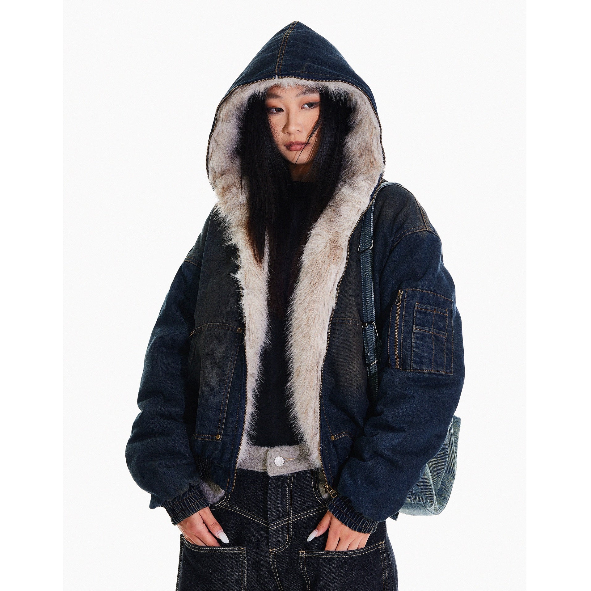 Fur Stitch Denim Hooded Quilting Jacket HG7198