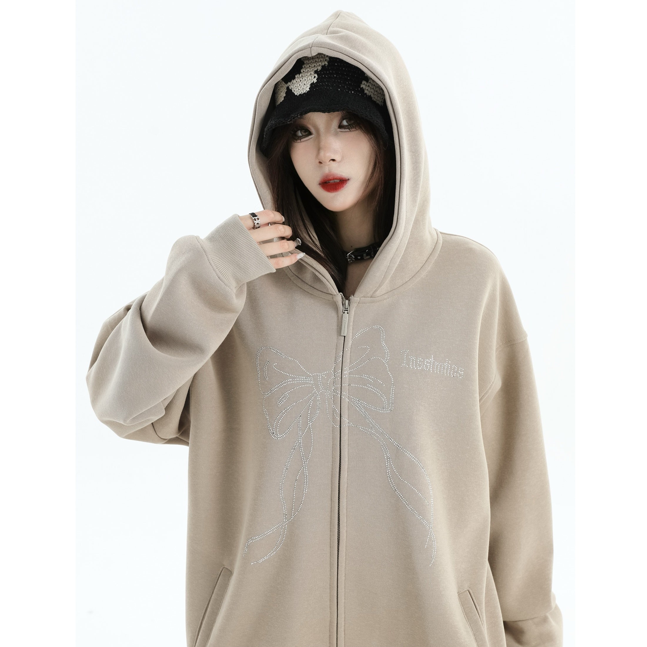 Rhinestone Bow Logo Loose Hooded Zip Parka IN7012