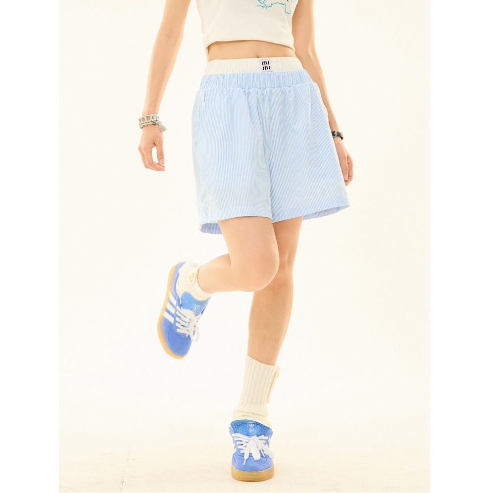 Double Waist Striped Wide-legged Long ＆ Short Pants MW9269