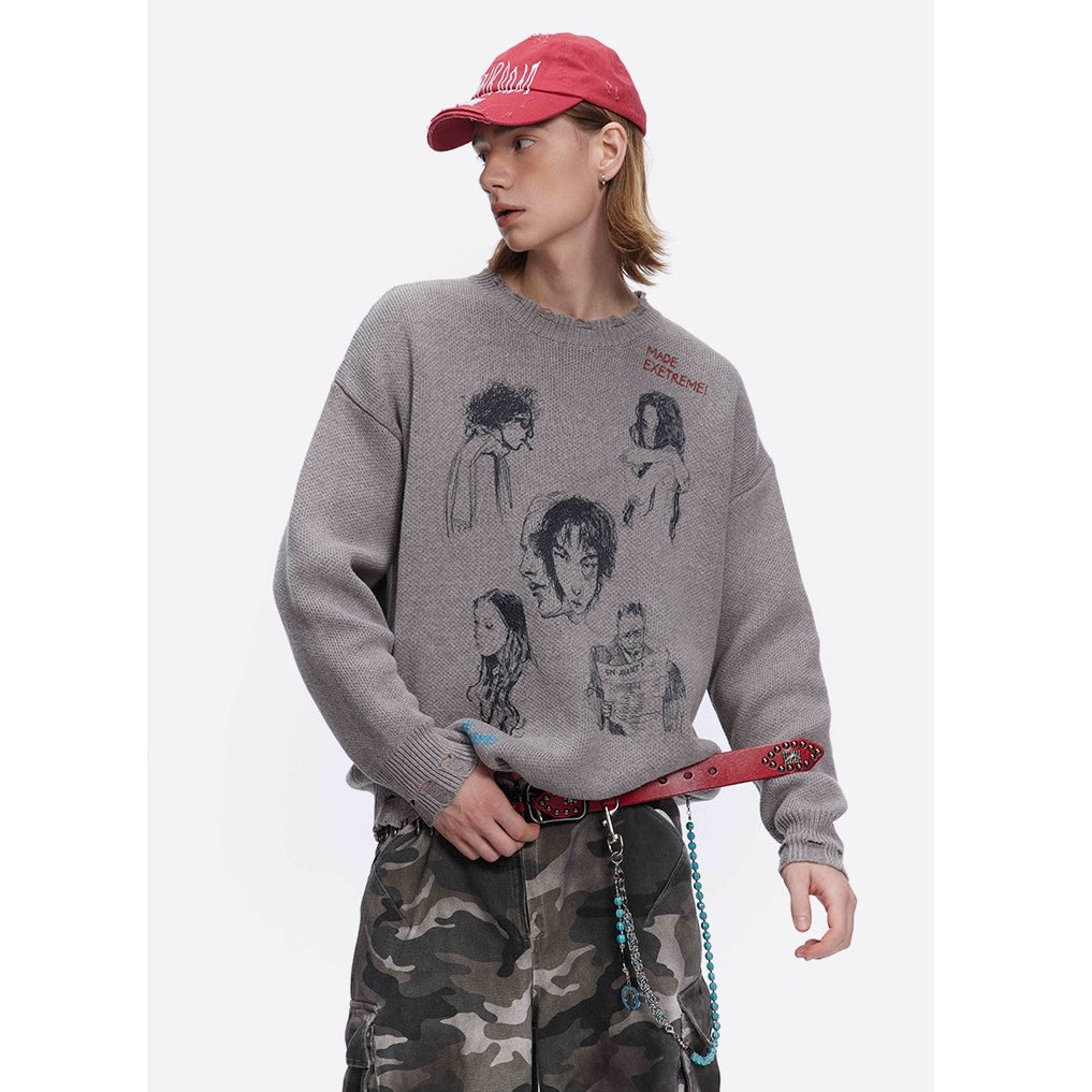 Sketch Print Art Design Loose Damage Sweater MW9617