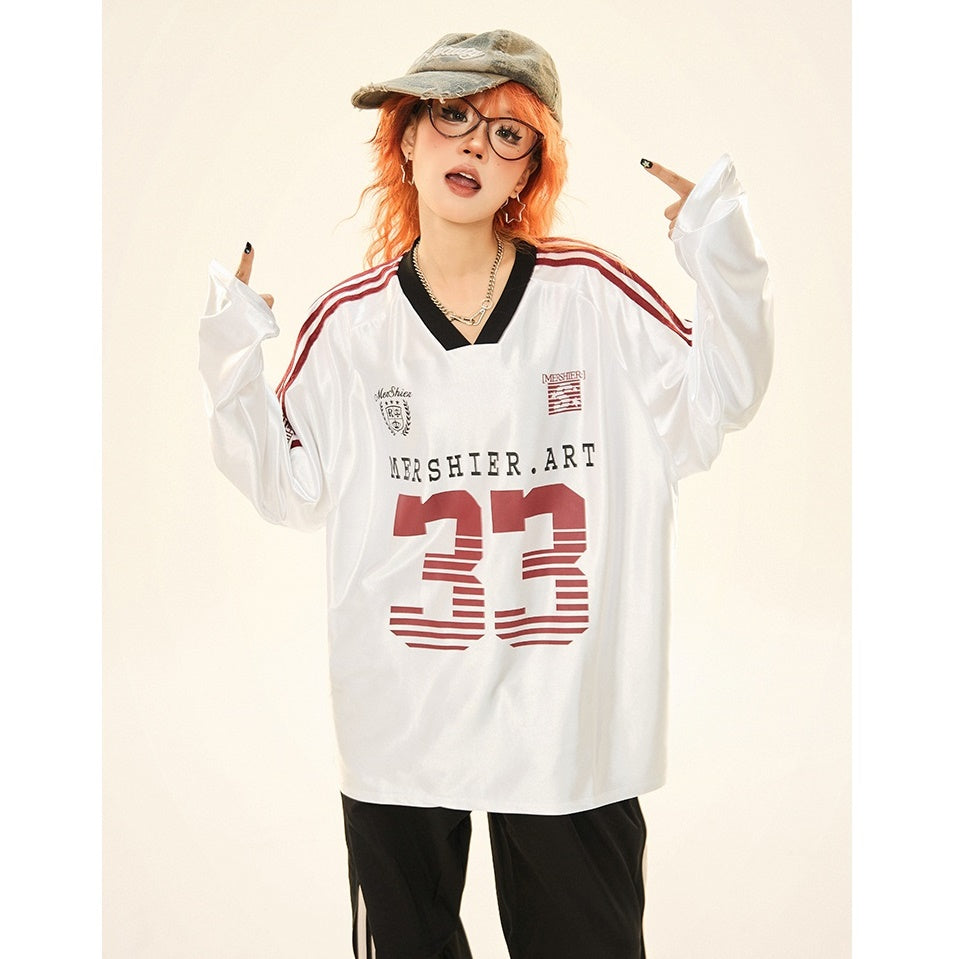 V-neck Sports Style Jersey Long-sleeved T-shirt MW9285