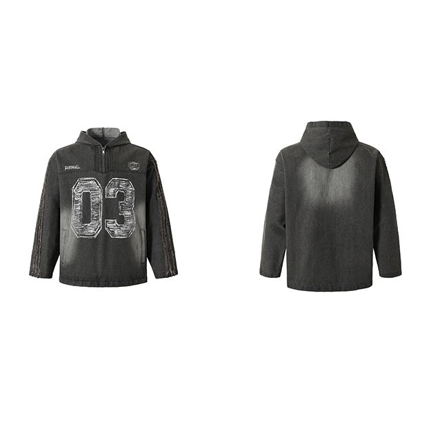 Gradient Distressed Graffiti Lettering Hooded Denim Pullover BB7035