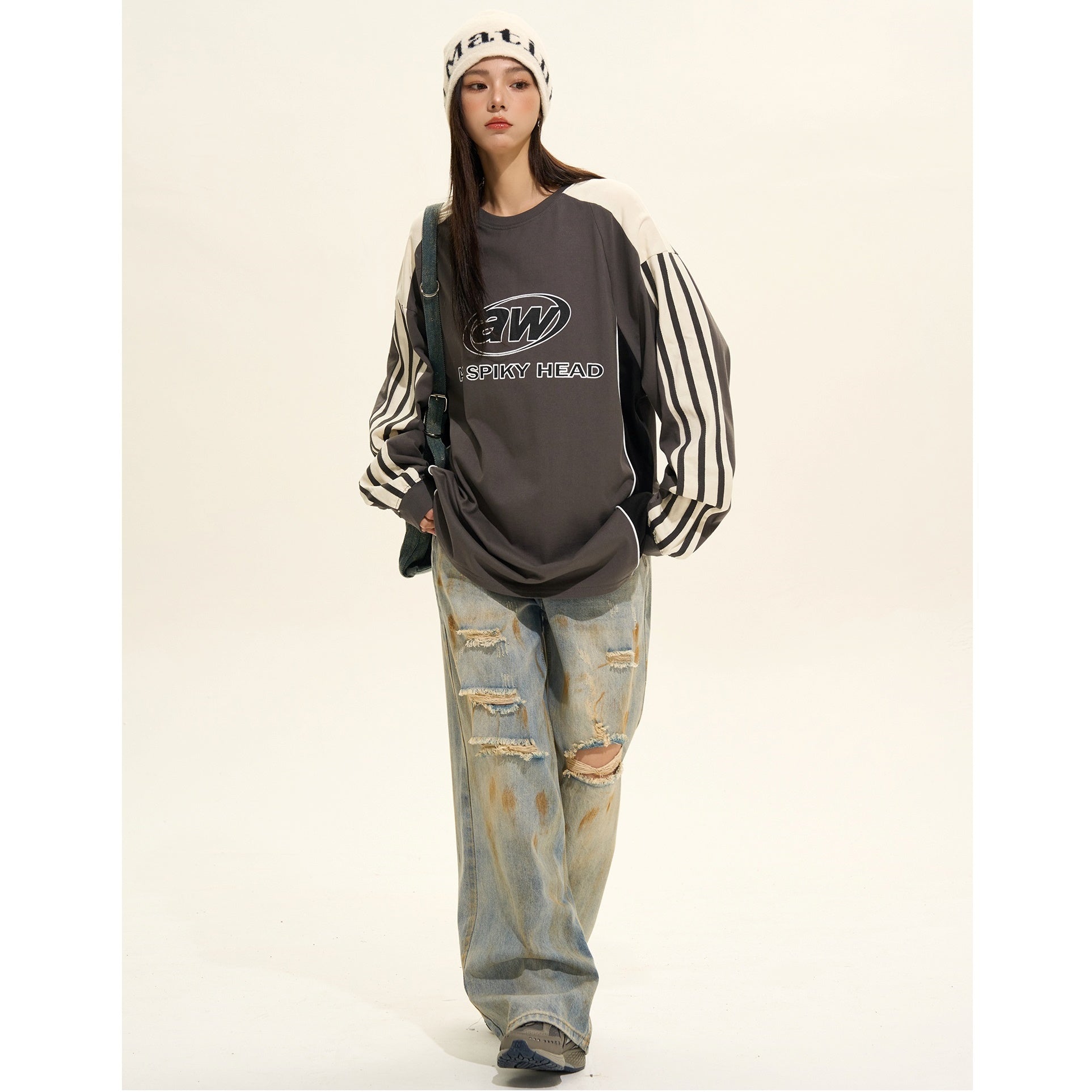 Sporty Contrasting Three-bar Long Sleeve Pullover MW9402