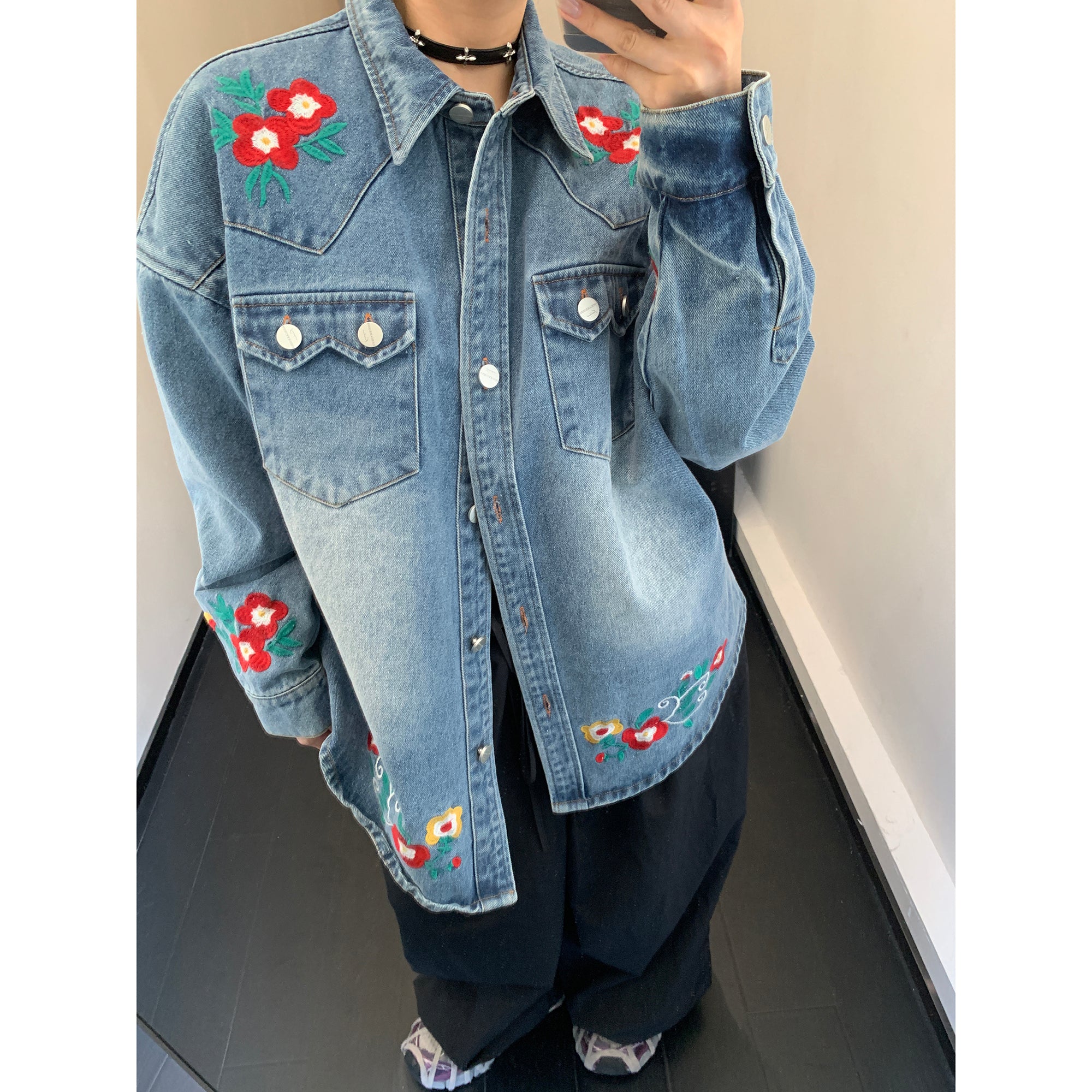 Flower Embroidered Denim Shirt Jacket MW9850