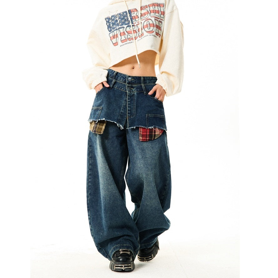 Stitching Double Waist Design Loose Jeans MW9803