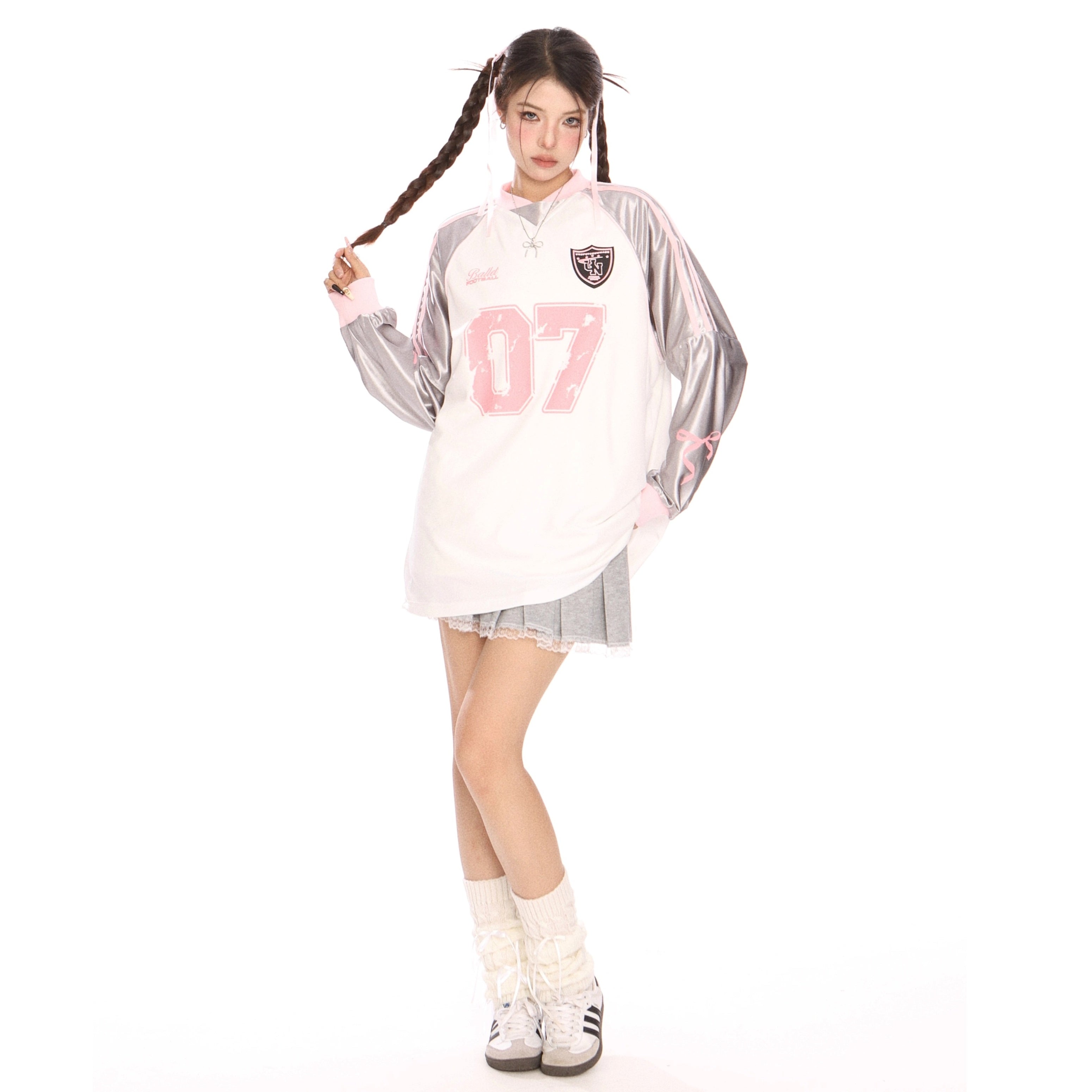 Contrast Raglan Sleeve V-Neck Long Sleeve T-Shirt MW9393