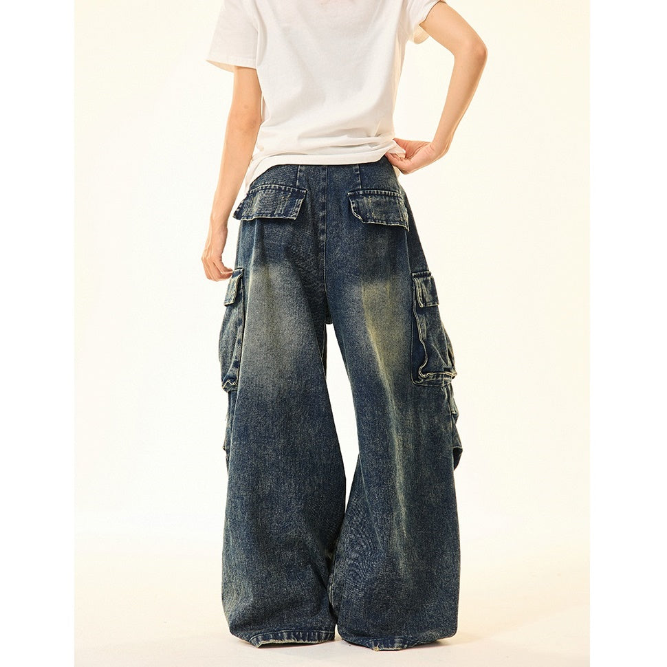 Washed Cargo Wide-leg Work Jeans MW9427