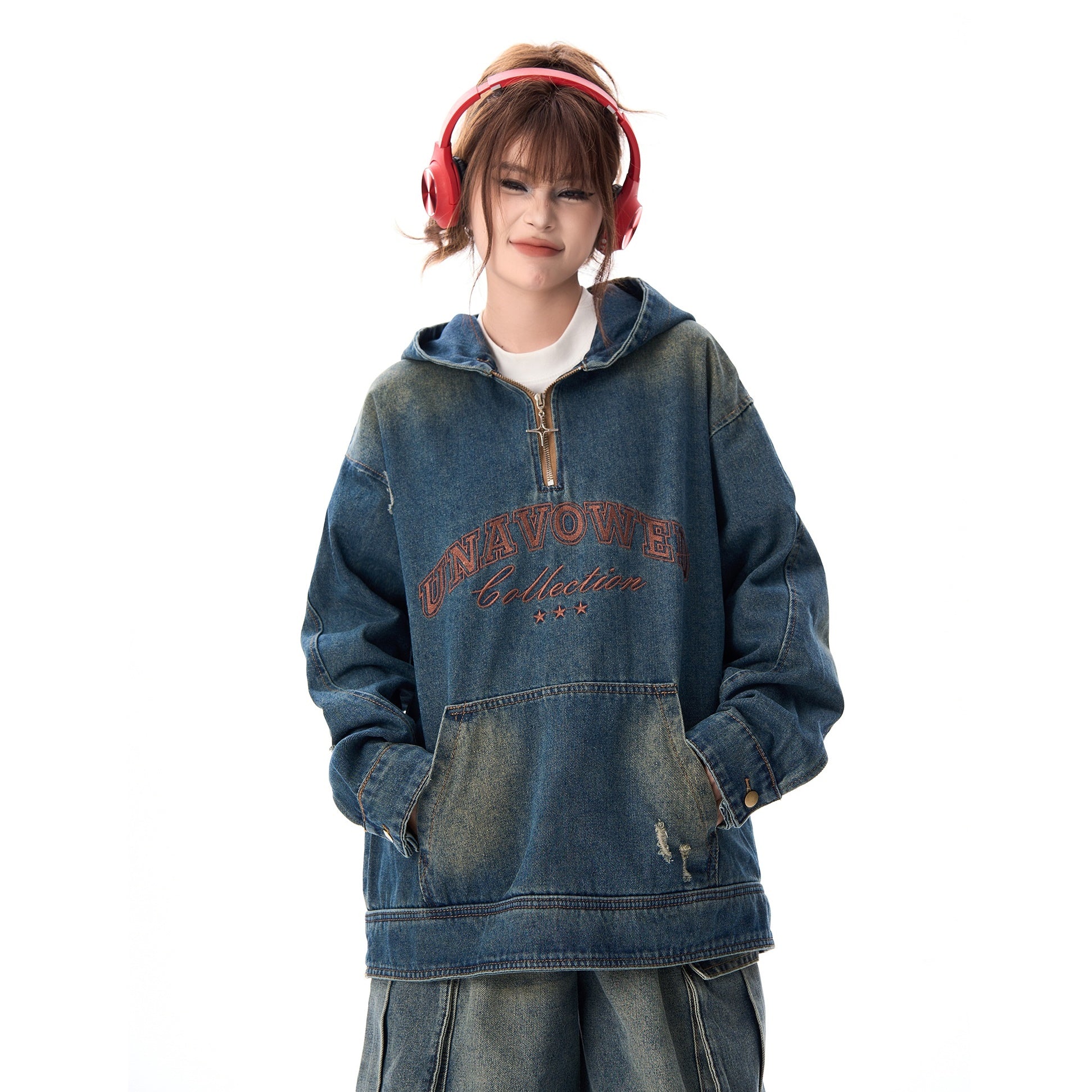 Vintage Embroidery Loose Half-ZIP Denim Hoodie MW9373