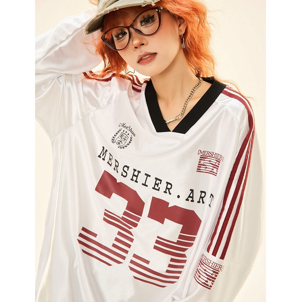 V-neck Sports Style Jersey Long-sleeved T-shirt MW9285