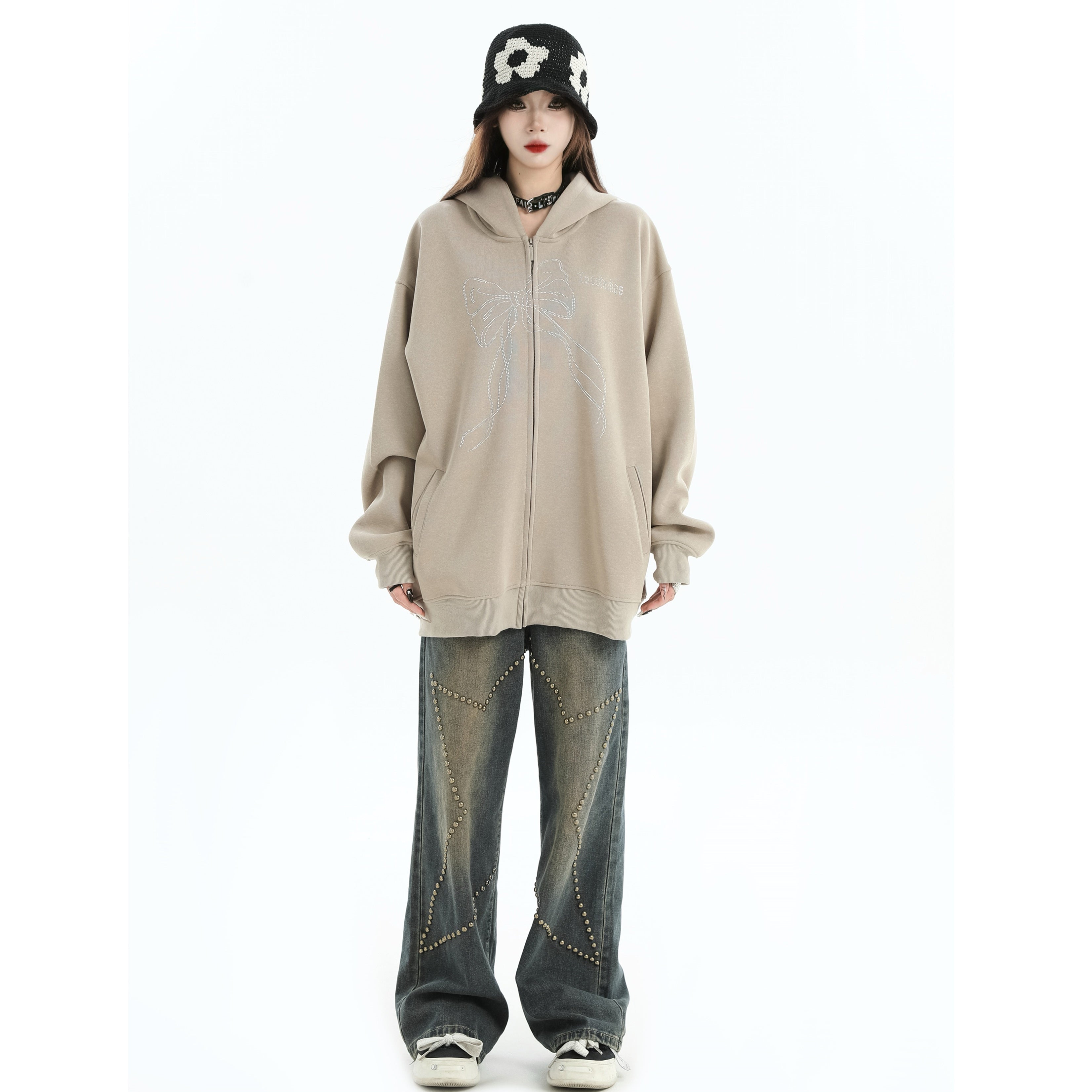 Rhinestone Bow Logo Loose Hooded Zip Parka IN7012