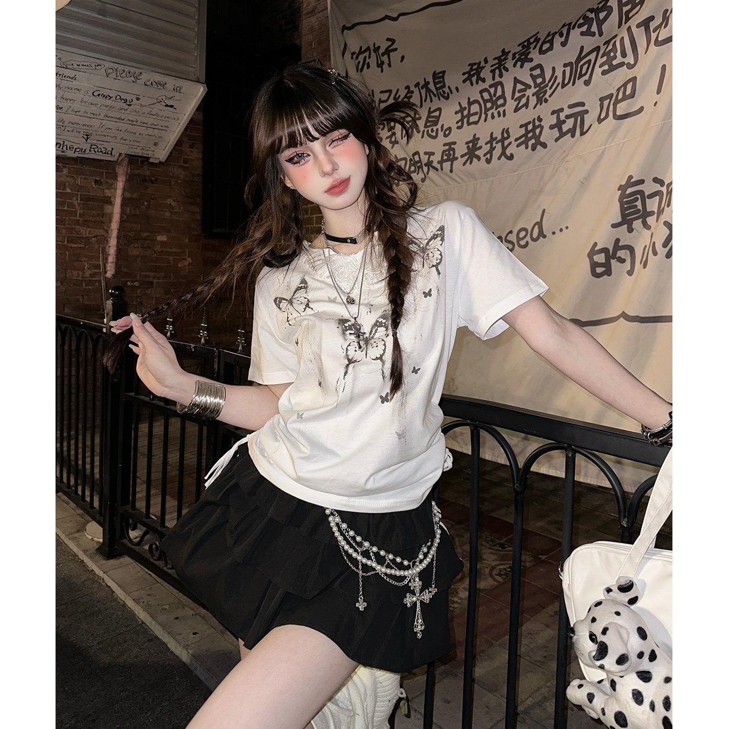 Butterfly Lace Side Gather T-shirt KK2047