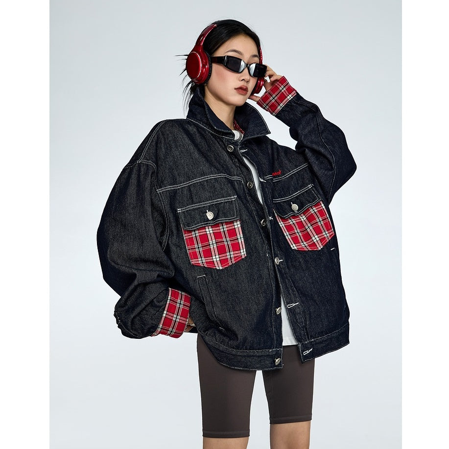 Plaid Patchwork Loose Denim Jacket MW9317