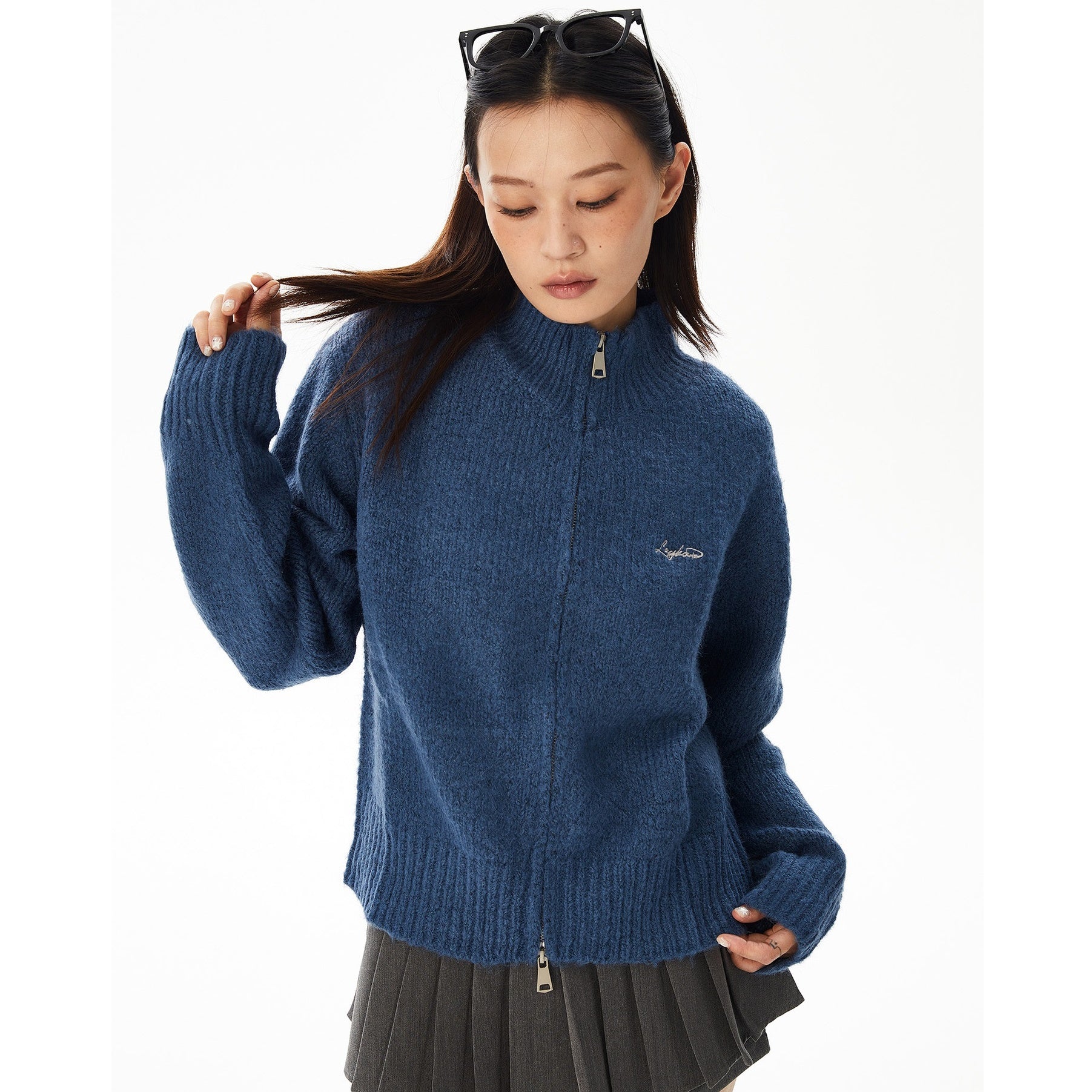 Double Zipper Stand Collar Jacquard Knit Jacket MW9633