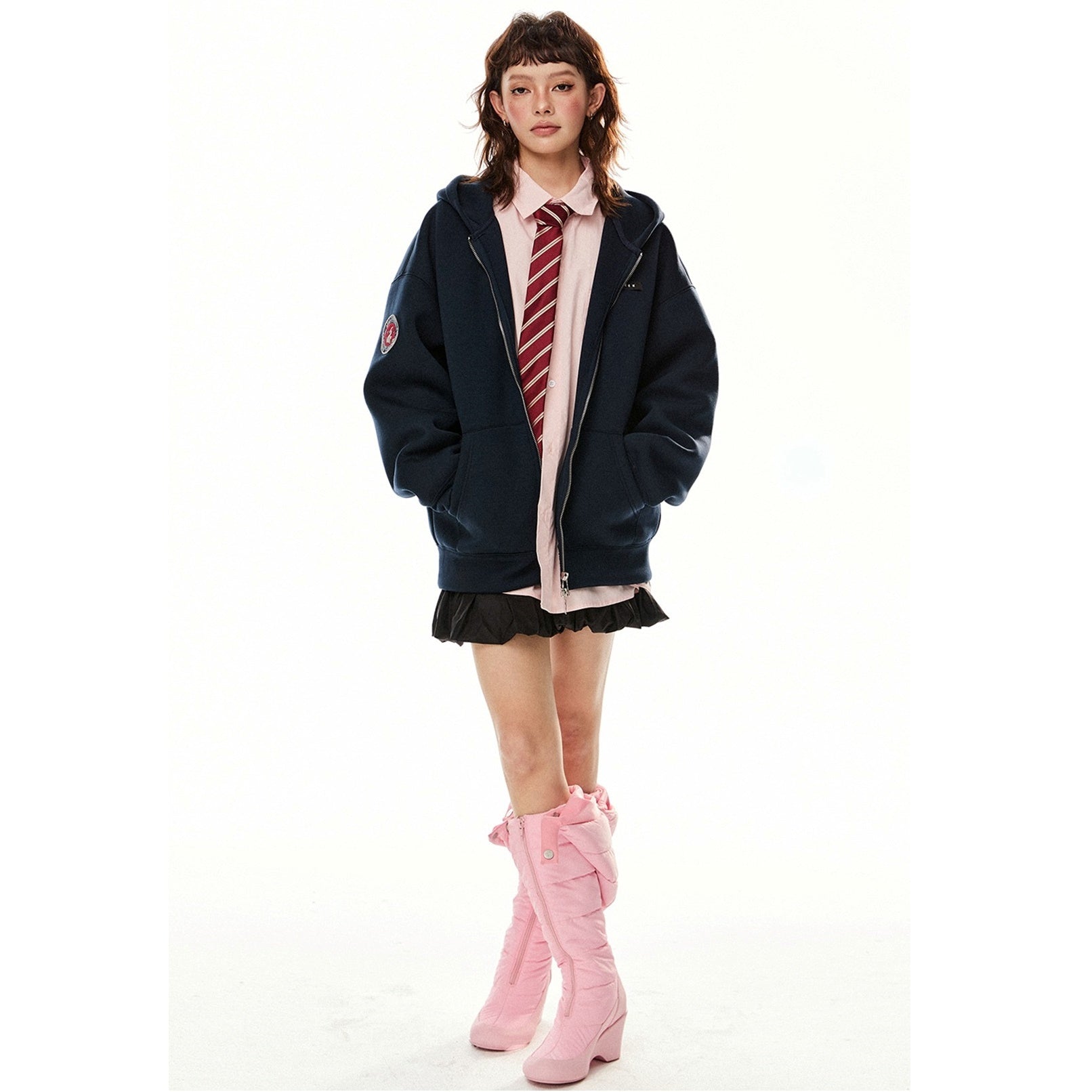 Embroidery Double ZIP-Up Hooded Parka EZ227