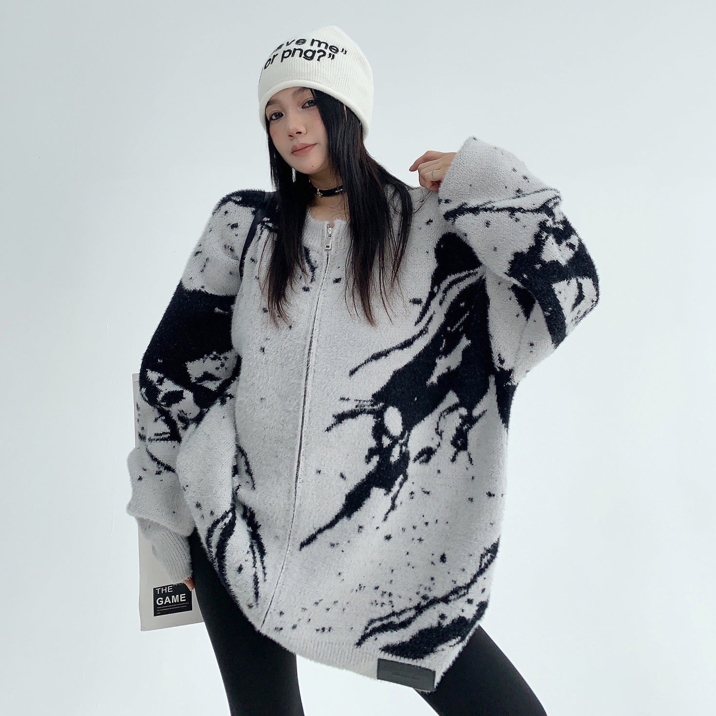 Round Neck Marble Design Loose Knitted Jacket MW9509