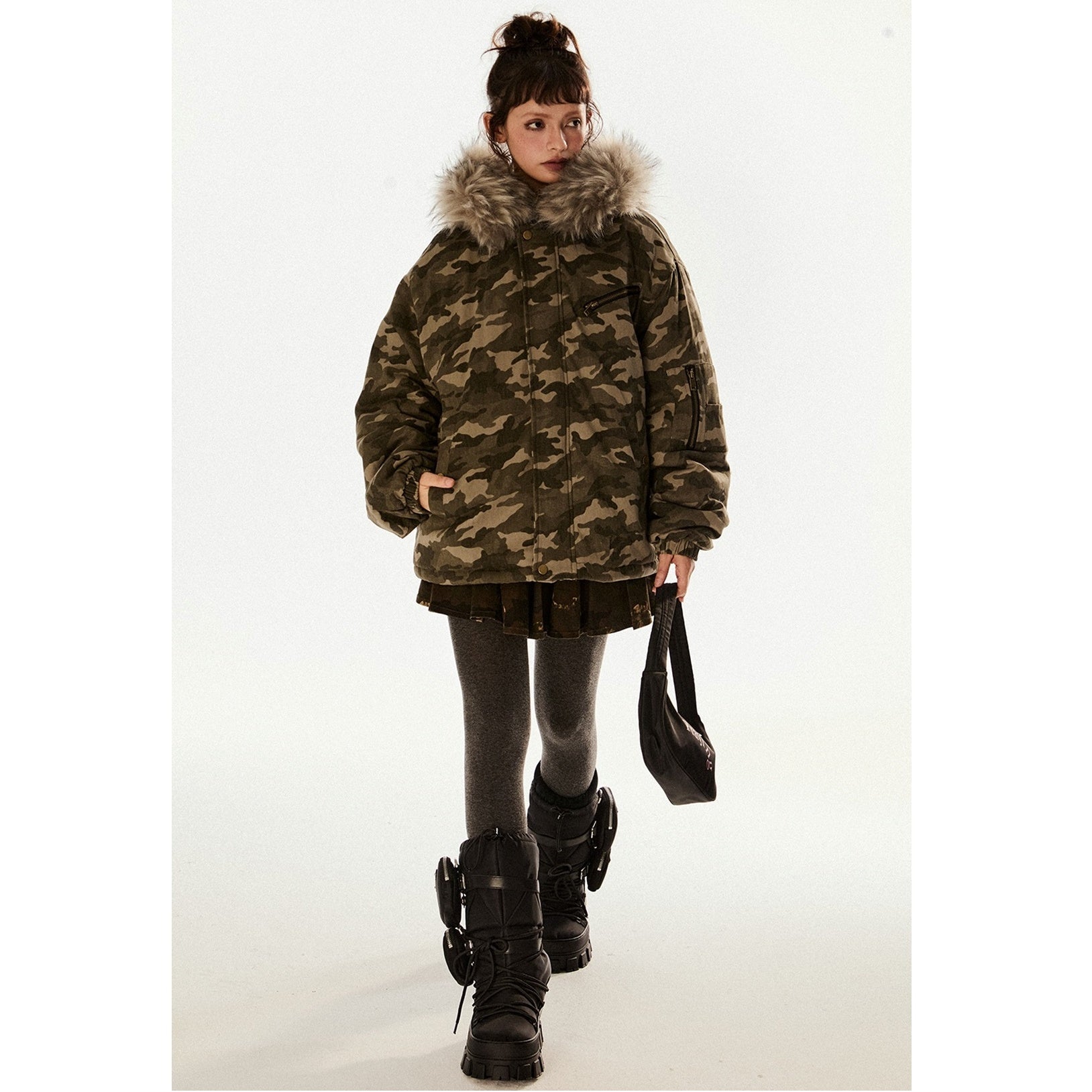 Military Style Camouflage Fur Collar Hooded Jacket EZ205