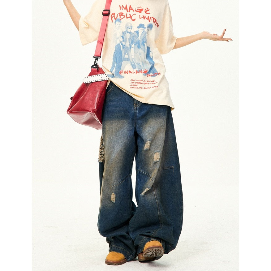 Retro Washed Ripped Stitch Design Loose Jeans YS7007