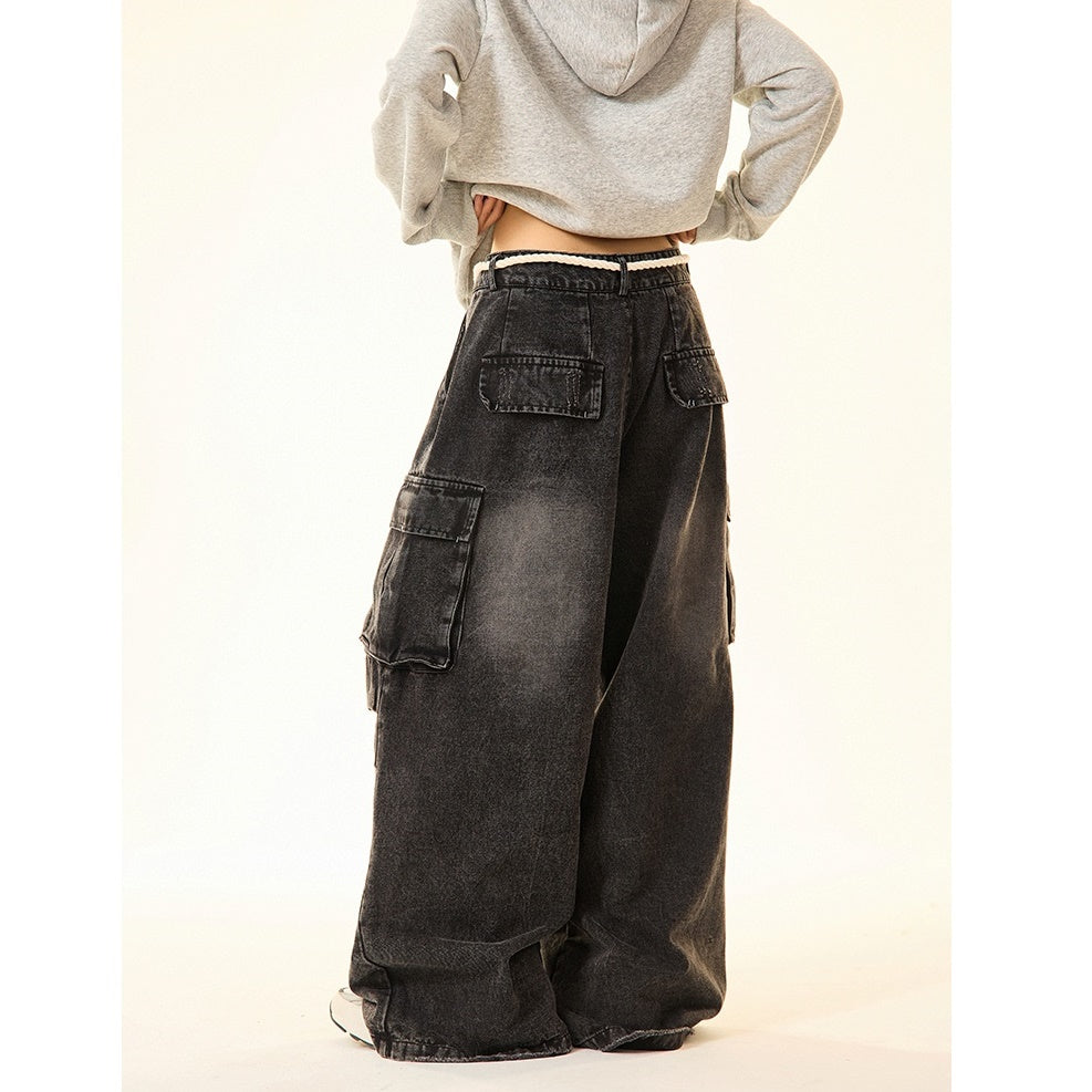 Washed Cargo Wide-leg Work Jeans MW9427