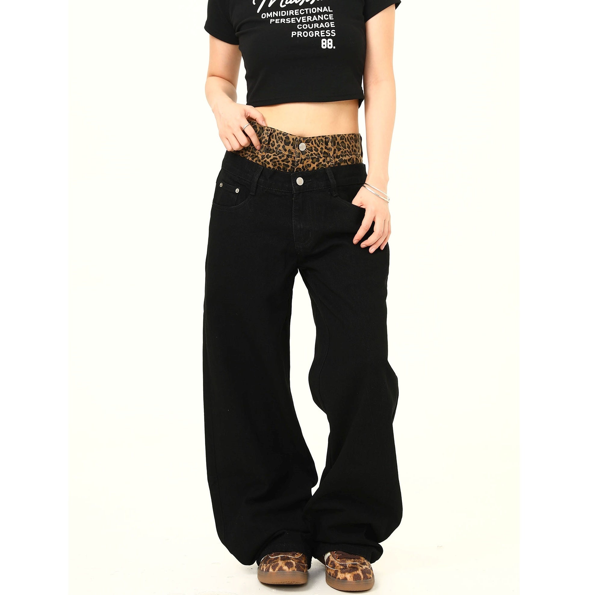 Double Waist Leopard Panel Wide-Leg Jeans MW9278