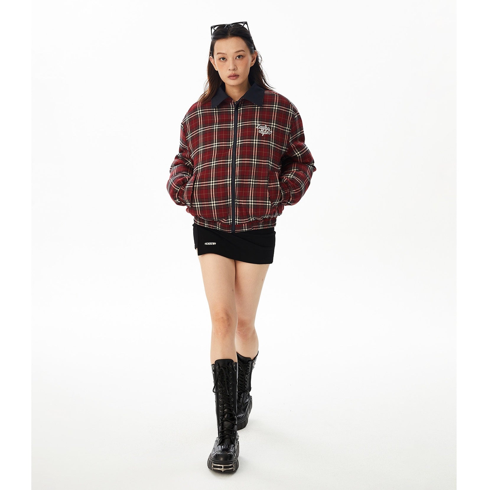 Plaid Lapel Reversible Zip-Up Padded Jacket MW9622