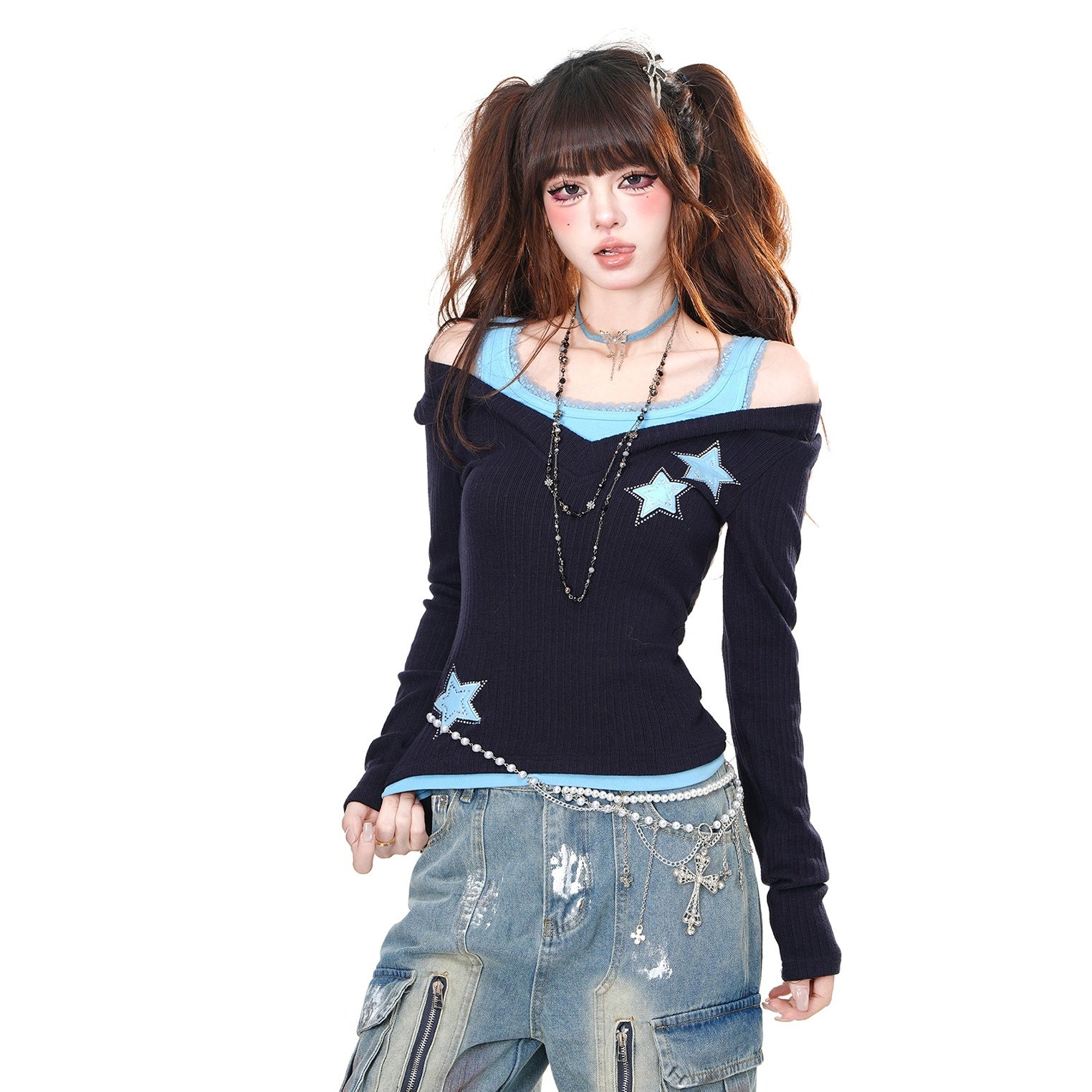 Fake Two Knitted Off-shoulder Cutsew KK2051