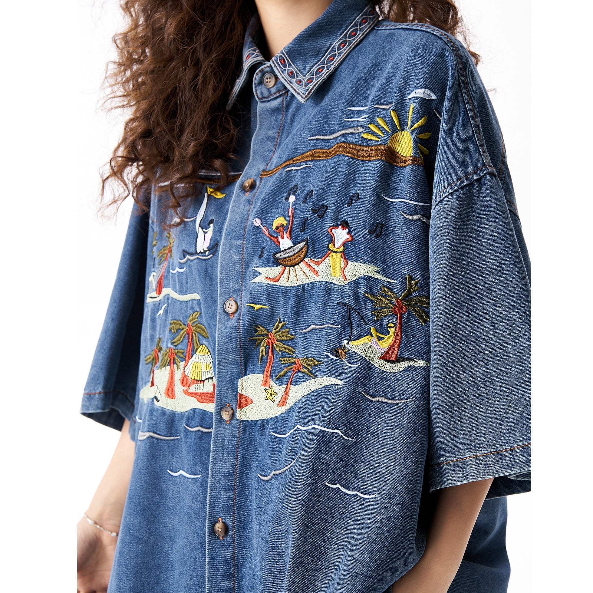 Island Hawaiian-style Embroidered Denim Shirt HG7148