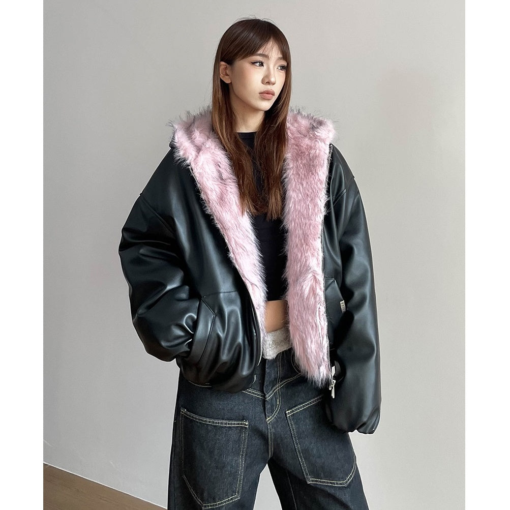 Fur Collar Hooded PU Leather Jacket MW9696