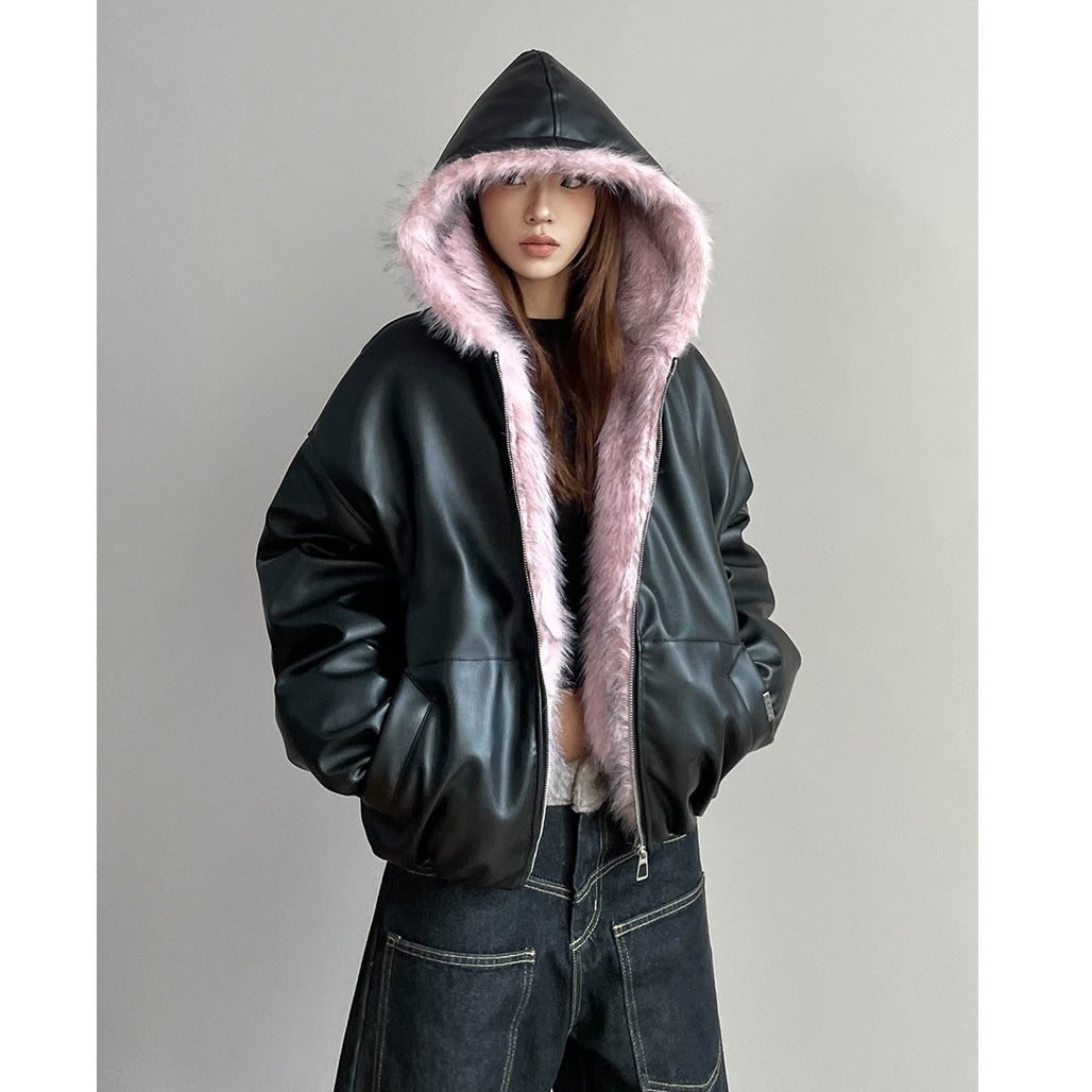 Fur Collar Hooded PU Leather Jacket MW9696