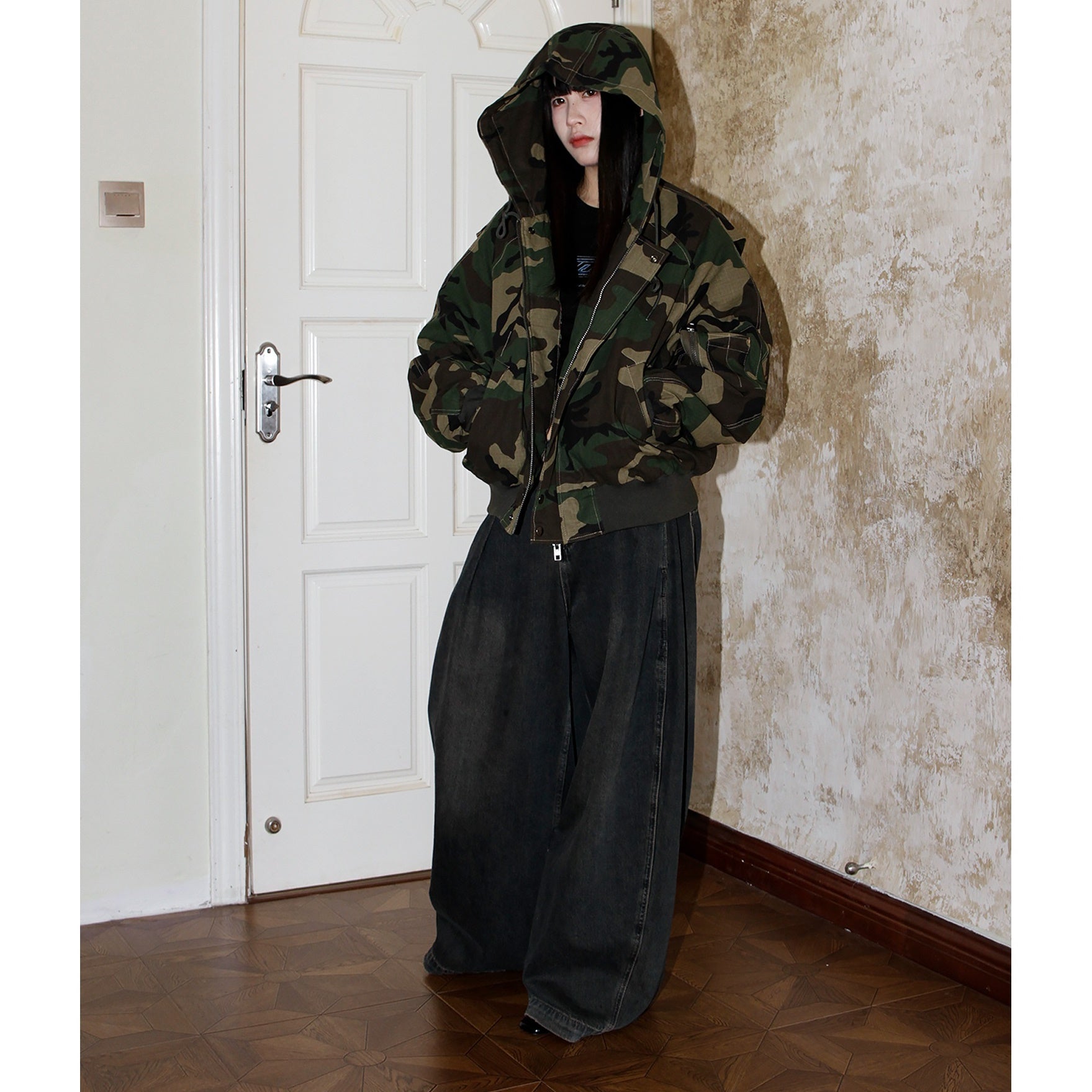 Camouflage Hooded Padded Zip-up Jacket MW9662