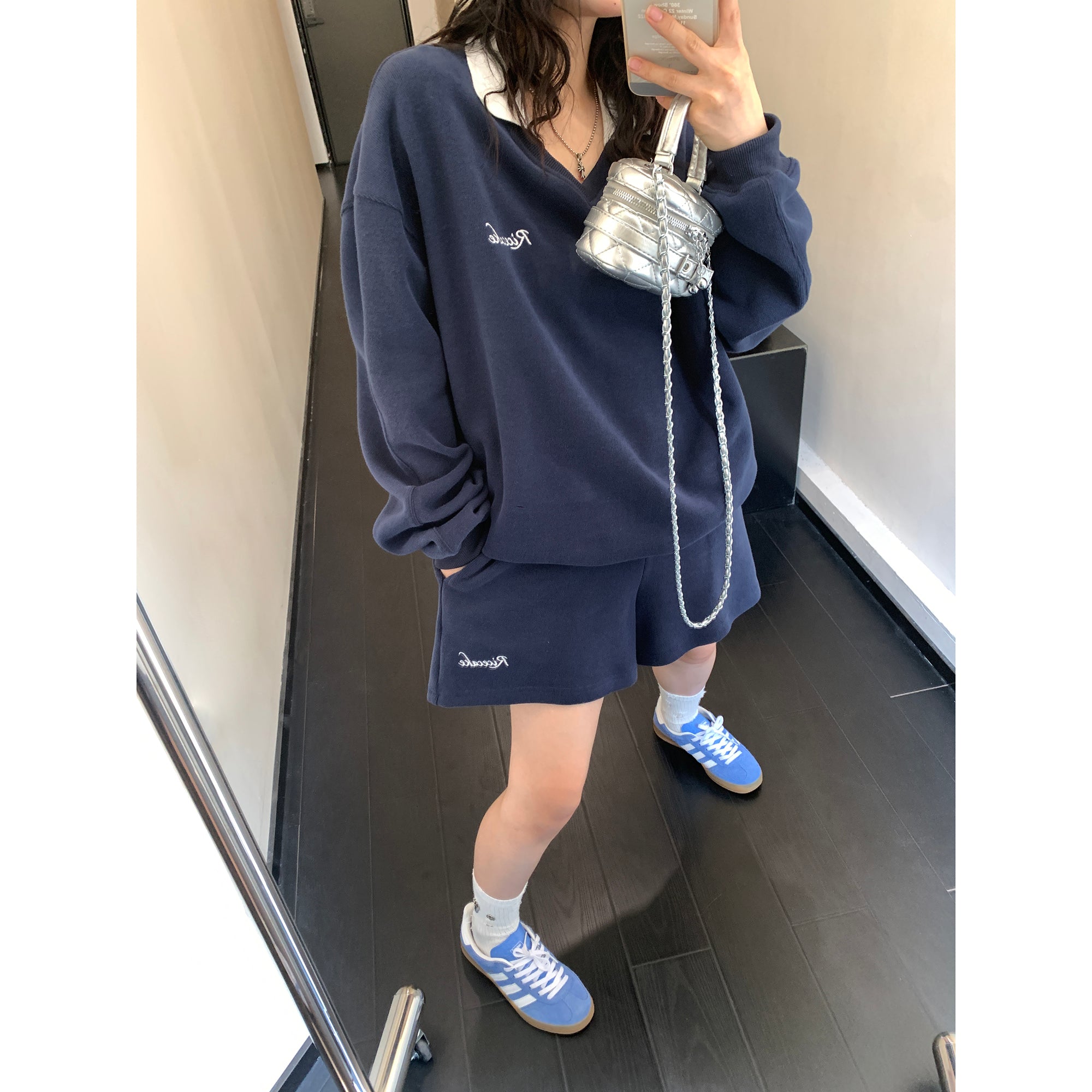 Casual Embroidery V-neck Sweat & Shorts Set-up MW9463